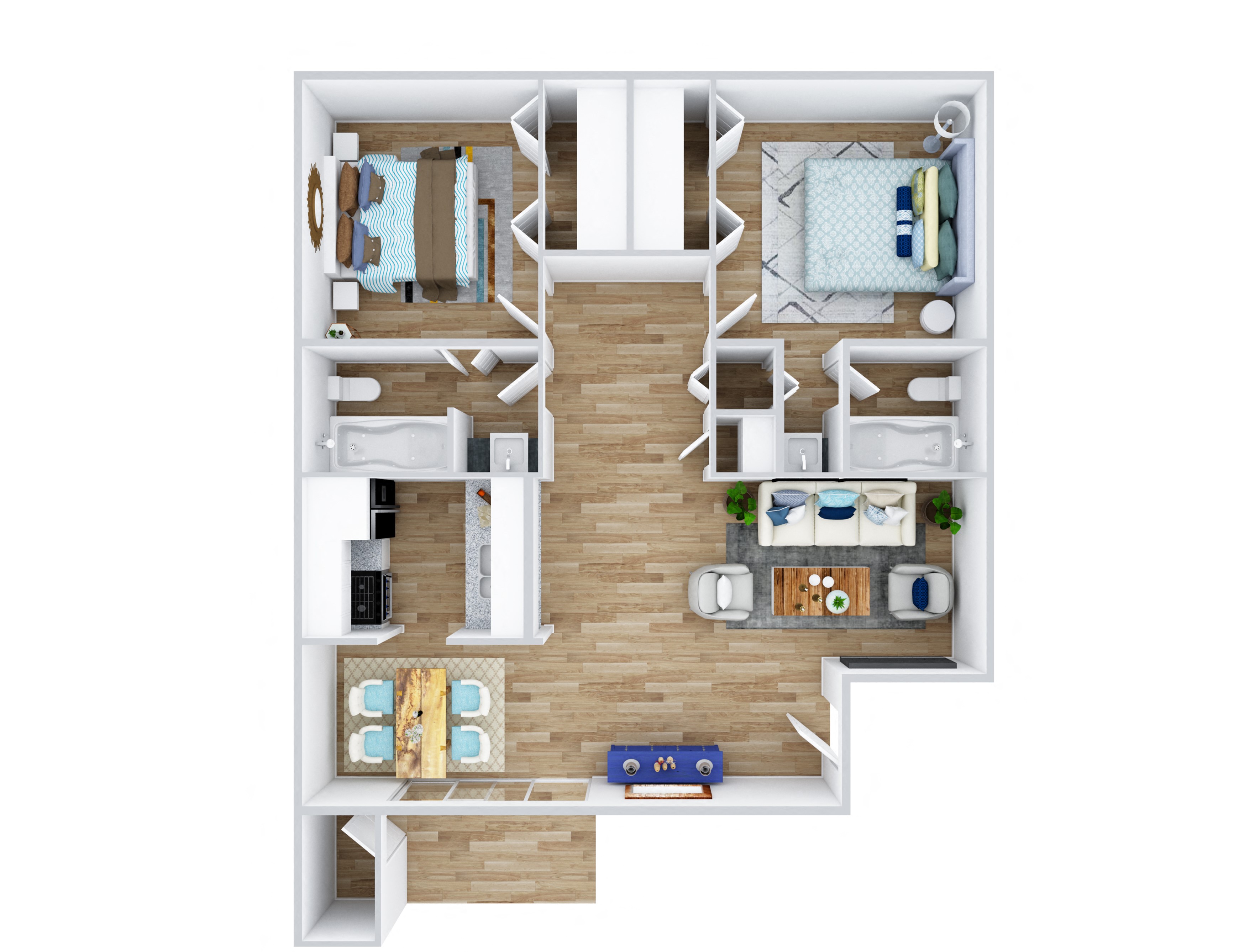 Floor plan for 2 beds, 2 baths, 977 sqft